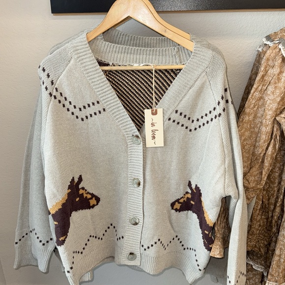 Light Gray Horse Intarsia Sweater Cardigan - Picture 6 of 7